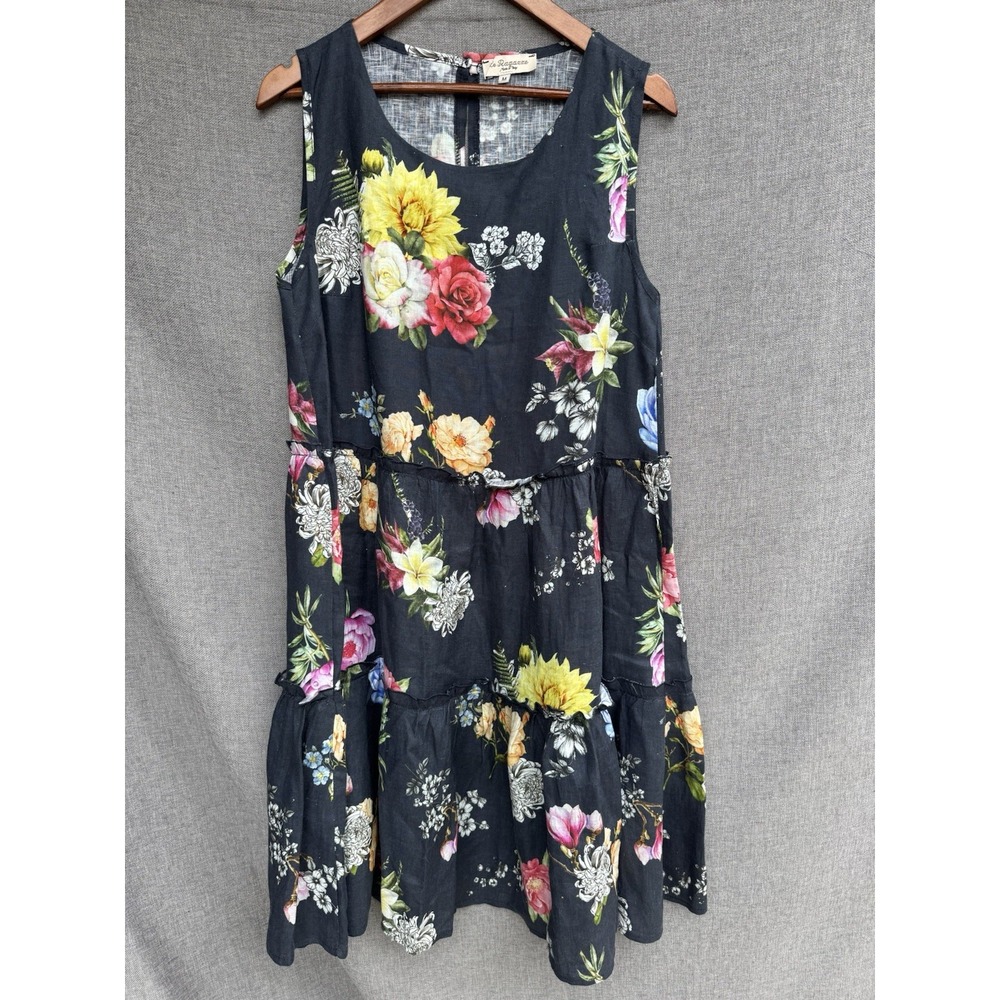 Le Ragazze Linen Shift Dress Sz M Navy Blue Floral Sleeveless Tiered Floral Ital